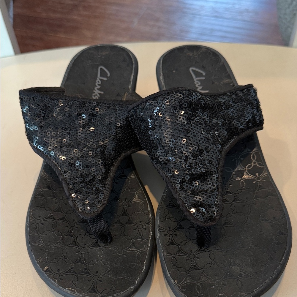Clarks Black Sequin Flip Flops